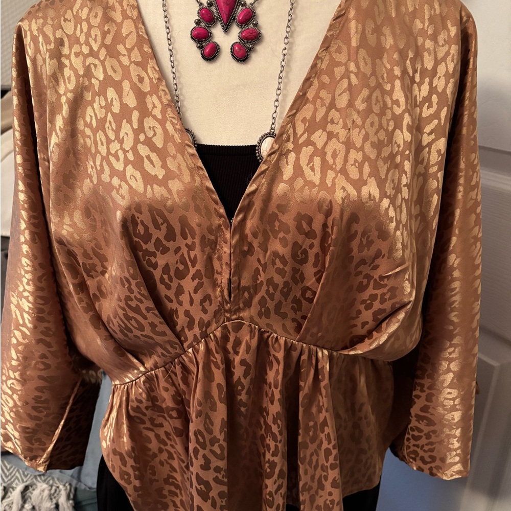 entro Bronze Satin Leopard-Print V-Neck Blouse